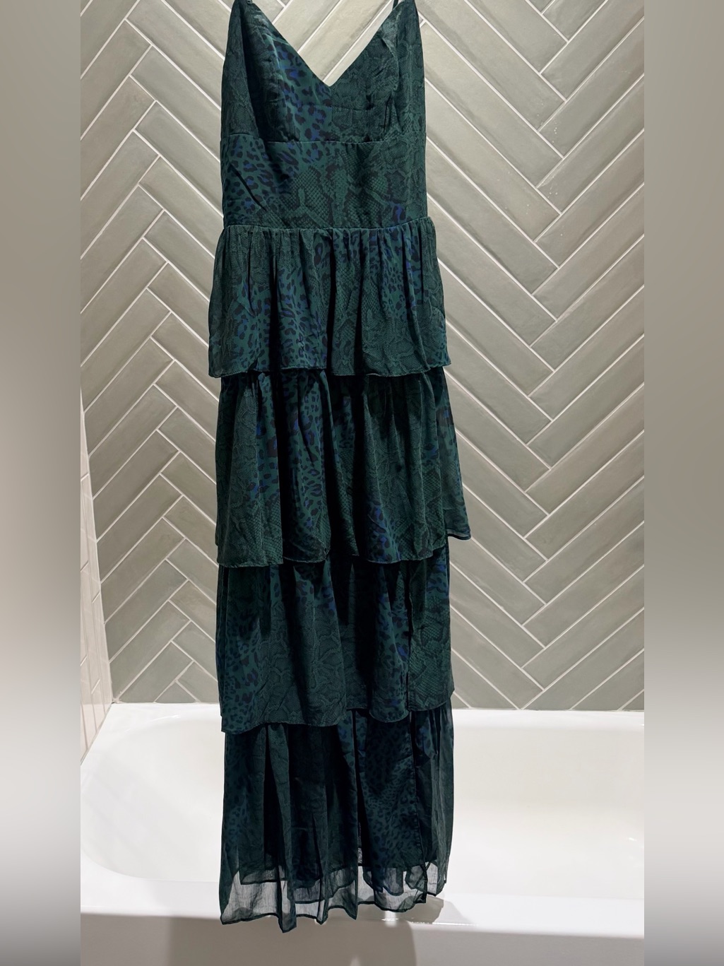 Leopard Print Olivaceous Forest Green, Navy, And Black Tiered Maxi Dress